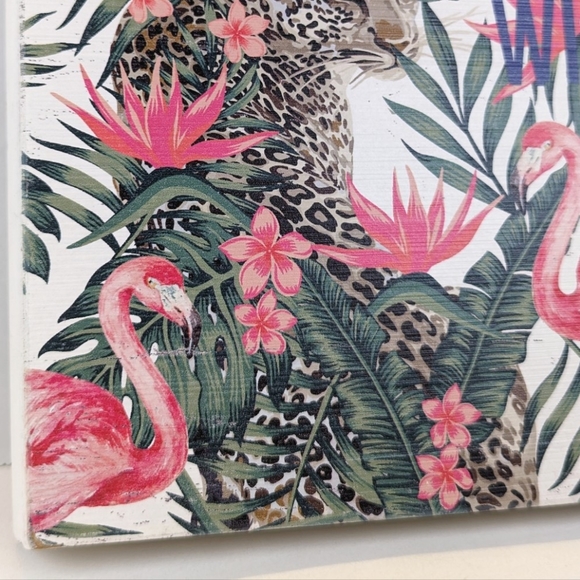 Be Wild Wood Wall Art w/ Flamingos, Jaguar, Pink Flowers & Tropical Leafy Plants - Picture 3 of 7